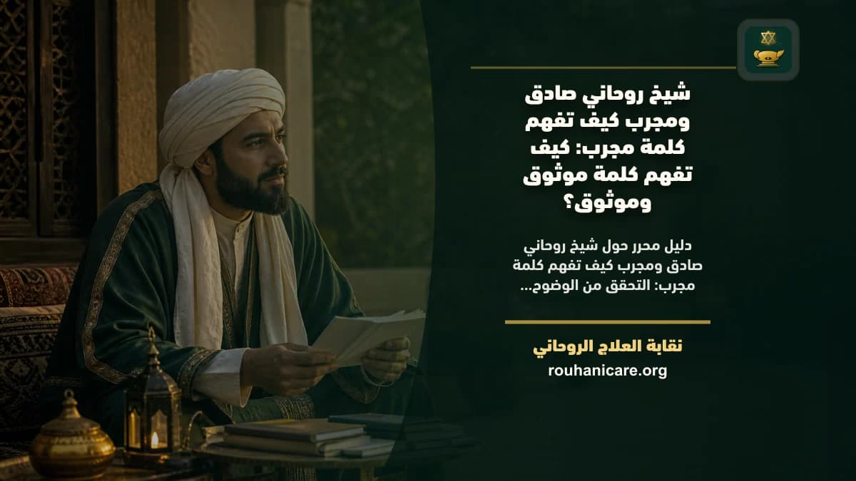 دفتر مفتوح بثلاث خانات رمزية لتمييز التجربة المنقولة عن السلوك الموثوق عند اختيار شيخ روحاني