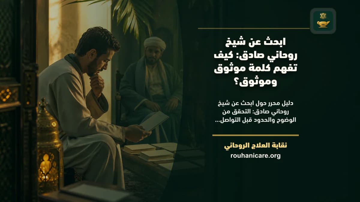 فحص الثقة قبل اختيار شيخ روحاني ميزان هادئ بجوار ورقة أسئلة ومصحف مغلق يرمز إلى فحص الثقة قبل الاستشارة الروحية